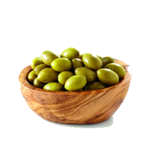 A wooden bowl containing 200 grams of Picholine olives from Barral. The olives are light green.
