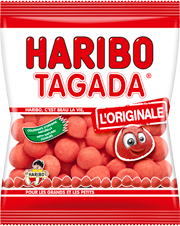 A 120 gram bag of Tagada candy from Haribo. Each candy is bright red and spherical, with a slightly coarse texture.