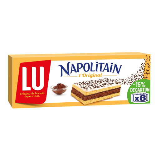 A 100 gram box of LU's Napolitain cookies. The tri-layered cake cookie is topped with chocolate sprinkles.
