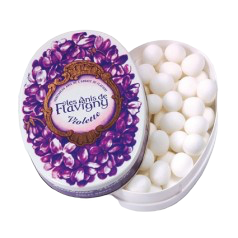 Anis de Flavigny violet-flavored mints in a 50 gram purple tin. The tin's top has a painting of a mass of violet flowers.