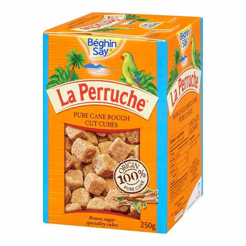 A box of 250 grams of La Perruche brown sugar cubes.