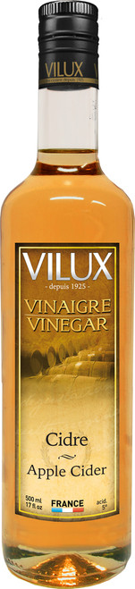 A 50 centiliter bottle of Vilux apple cider vinegar.