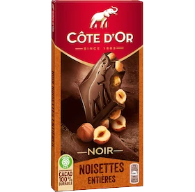 A 180 gram bar of Côte d'Or's dark chocolate with whole hazelnuts.