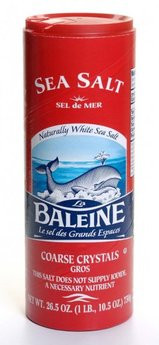 A 750 gram shaker of coarse sea salt from La Baleine.