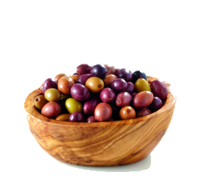 A wooden bowl containing 230 grams of Niçcoise olives from Barral. The olives are purple.