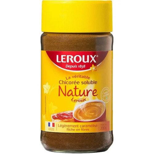 A 200 gram glass jar of instant chicory powder, from Leroux.