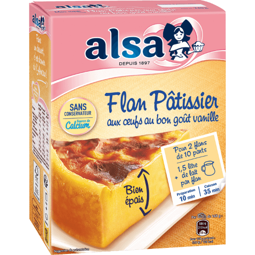 A 720 gram box of flan pâtissier mix from Alsa.