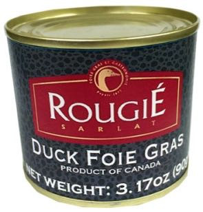 A 90 gram can of duck foie gras, from Rougié.