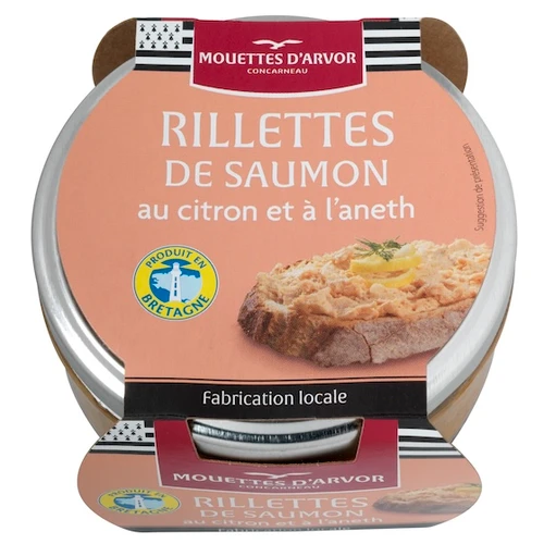 A 125 gram jar of salmon rilletes with lemon and dill from Les Mouettes d'Arvor.