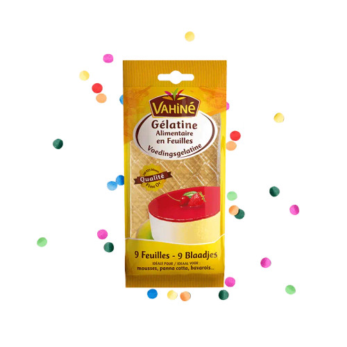 A 17 gram package of 9 Vahiné gelatin sheets.