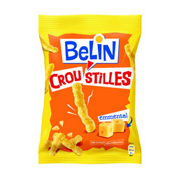 A 138 gram bag of Belin Croustille sticks with Emmental cheese. The bag shows a single tan and long puffed corn chip next to a cartoon of Emmental cheese, both against a field of neon orange.