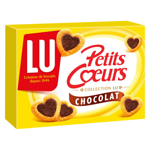 A 125 gram box of LU's petit cœur chocolate cookies. The box is decorated with heart-shaped cookies with large inlays of solid chocolate.