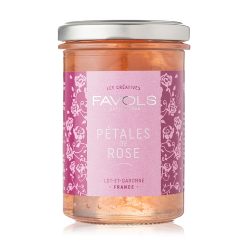 A 260 gram glass jar of rose petal confit from Favols.