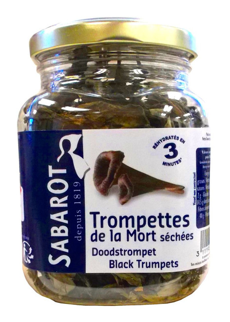 A 40 gram jar of dried black trumpet mushrooms from Sabarot. The label says the mushrooms can re-hydrate in 3 minutes.