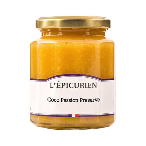 A glass jar containing 320 grams of coco passion fruit jam from L'Épicurien.