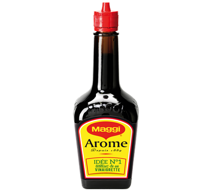 A 250 gram glass bottle of Maggi's Arôme liquid seasoning.
