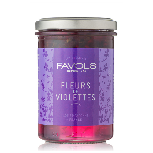 A 260 gram glass jar of violet petal confit from Favols.