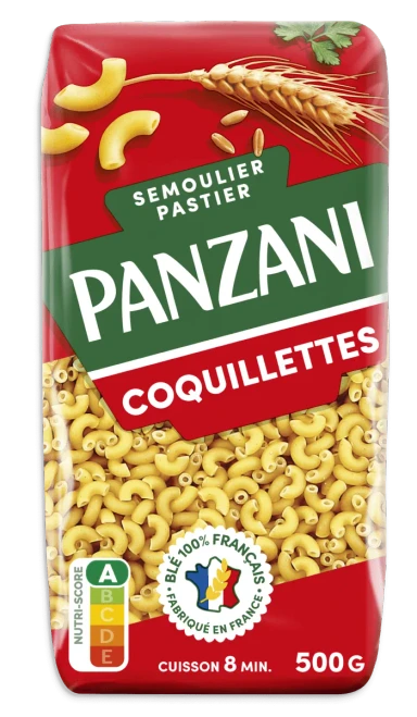 A 500 gram bag of Panzani's coquillette pasta. The small elbow noodles can be seen through the transparent parts of the bag.