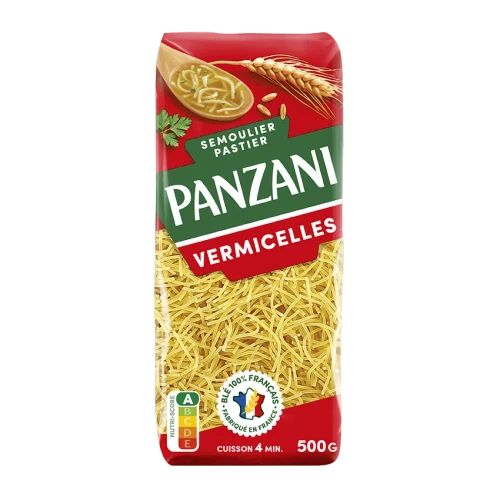 A 500 gram bag of Panzani's vermicelles. The yellow flour is visible through the transparent bag.