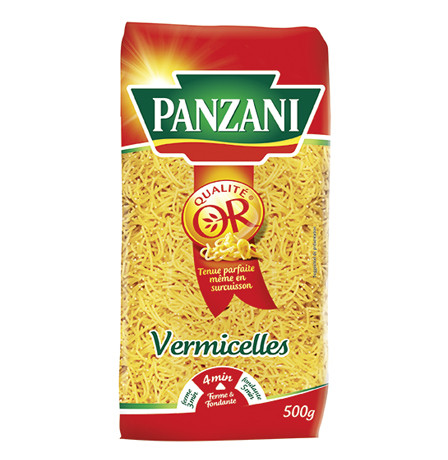 A 500 gram bag of Panzani's vermicelle pasta. The small, thin noodles can be seen through the transparent parts of the bag.