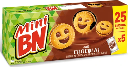 A 175 gram box of BN's mini chocolate cookies.