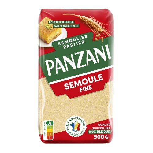 A 500 gram bag of Panzani's fine semolina. The yellow flour is visible through the transparent bag.