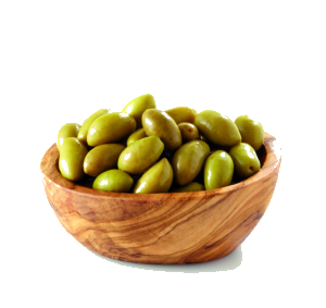 A wooden bowl containing 185 grams of Lucques olives from Barral. The olives are light green.