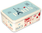 A 320 gram tin of Manoir des Abeilles' galette cookies. On the cover of the tin is the word, "Paris," with the "A" replaced with the Eiffel Tower and the dot of the "I" a heart. On the rim are sketches of various Paris landmarks.
