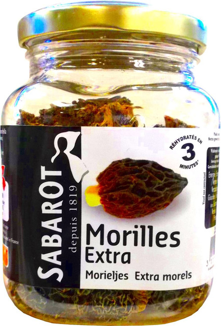 A 30 gram jar of dried morels from Sabarot. The label says the mushrooms can re-hydrate in 3 minutes.