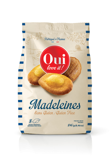 A 240 gram bag of individually wrapped gluten free madeleines from "Oui Love It."