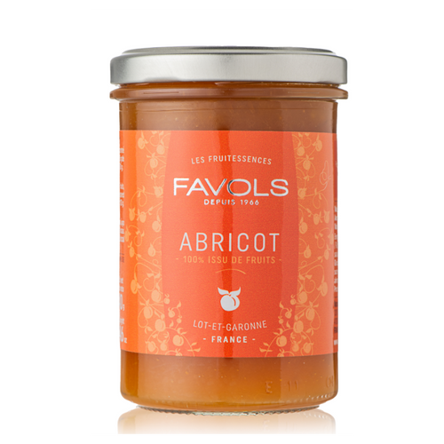 A 240 gram glass jar of Favols' apricot preserves, made from 100% fruit.