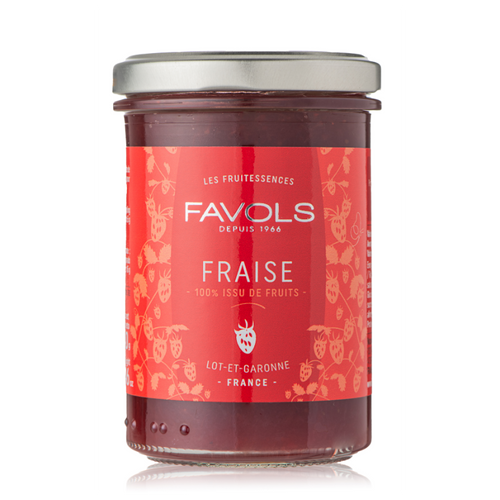 A 240 gram glass jar of Favols' strawberry preserves, made from 100% fruit.