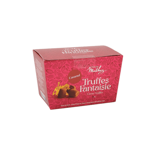 A red box containing 250 grams of cocoa-powdered truffles with salted butter caramel from Mathez.