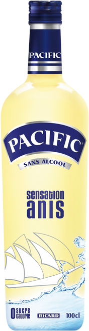 Ricard Pacific Anise Drink, alcohol-free, sugar-free, 100cl, aniseed beverage, pastis, Ricard brand Pacific bottle.