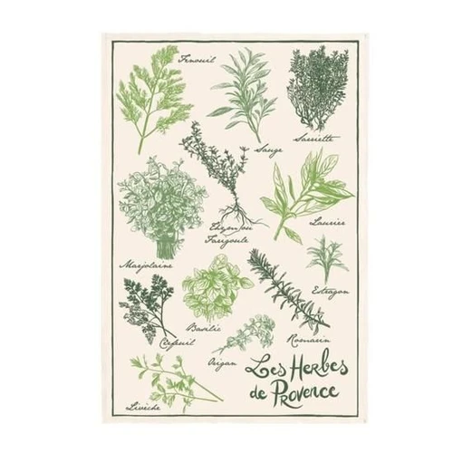 A "Provence Herbs" style tea towel from Winkler. On the towel are botanical sketches of various herbs.
