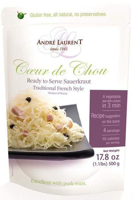 A 500 gram packet of André Laurent's traditional French style choucroute (sauerkraut). There is a photograph of a plate of sauerkraut with bacon pieces and herbs.