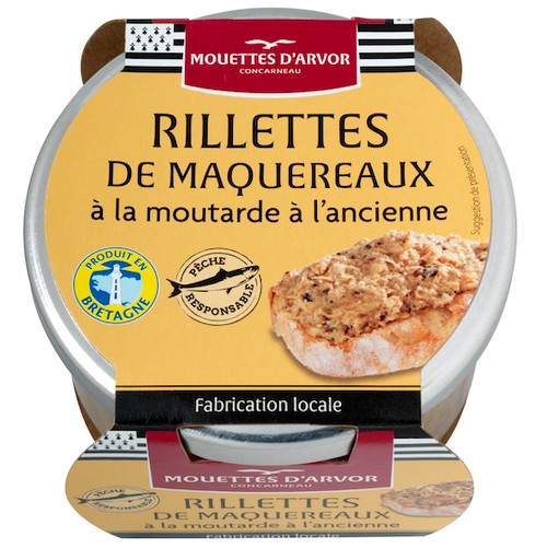 A 125 gram jar of mackerel rilletes with whole-grained mustard from Les Mouettes d'Arvor.