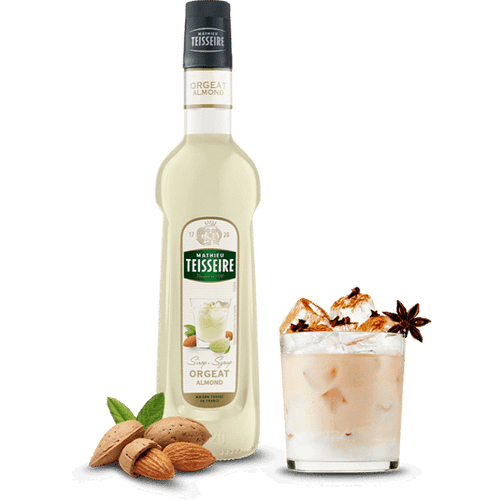 A 70 centiliter glass bottle of orgeat (almond) syrup from Teisseire.