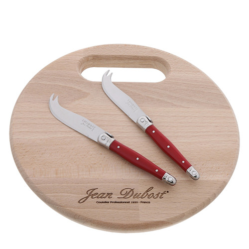 A pair of Laguiole cheese knives and a cutting board bundled as a set, from Jean Dubost.