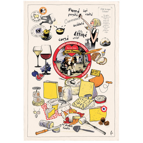 Winkler's "Cheese Party" tea towel. The towel has illustrations of varieties of French cheese and wine.