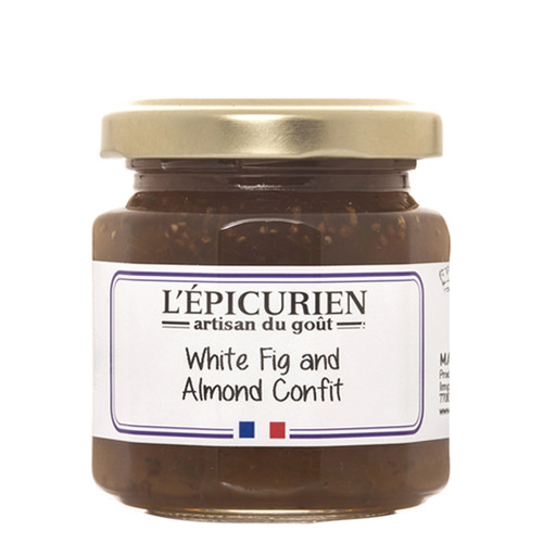 A glass jar containing 125 grams of white fig and almond confit from L'Épicurien.