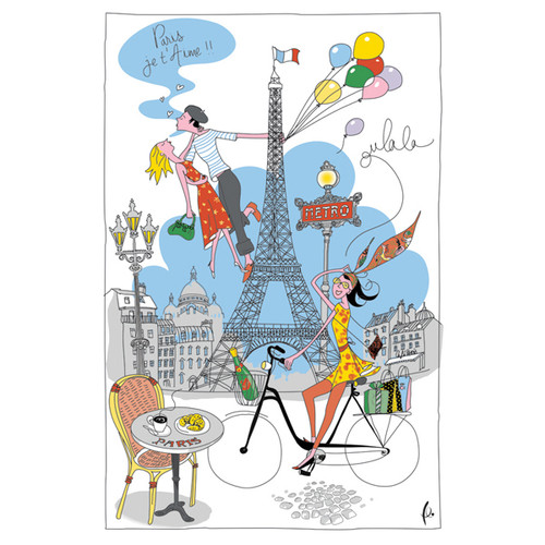 Winkler's "Paris Je T'Aime" tea towel. The towel has a busy cartoon of a couple kissing while hanging off the Eiffel Tower, a Metro sign, and a person biking.