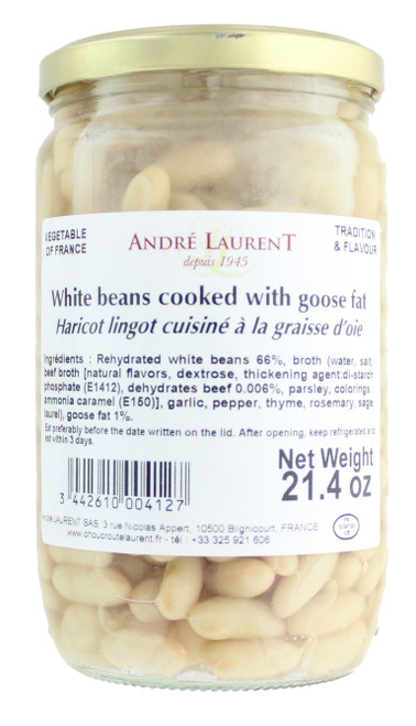 A 600 gram glass jar of lingot beans, cooked in goose fat, from André Laurent.