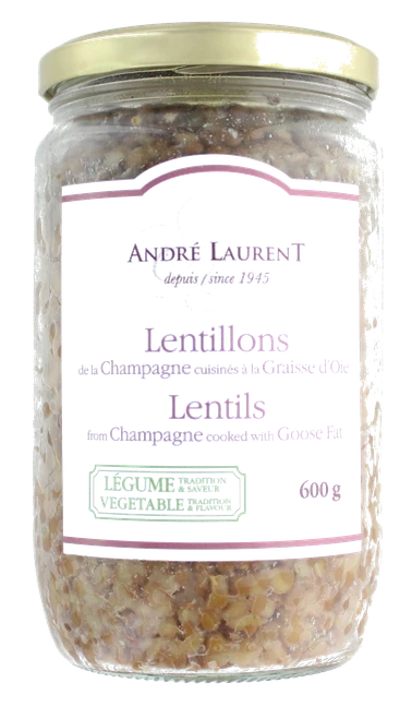 A 600 gram glass jar of countryside lentils, cooked in goose fat, from André Laurent.