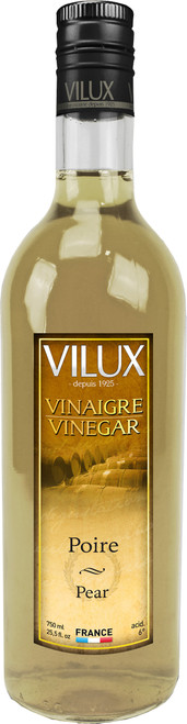 A 50 centiliter bottle of Vilux pear vinegar.