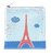 An "Eiffel Tower" square pouch made from Sequal recycled sea plastic, from Les Parisettes. The zipper pouch features an abstract drawing of the Eiffel Tower in red horizontal stripes. In the background are blue swirls evocative of a sky and river, alongside cherry blossoms.