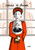 A minimalist illustration of Simone de Bavoir. She stands in front of a bookcase and is wearing a red dress and a bib that bears the likeness of Jean-Paul Sartre.