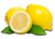 Three lemons on branch, with one sliced to reveal yellow flesh and white rind.