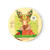 A Robby wooden round box from Mon Pari Gourmand containing 100 grams of gingerbread caramels. On the front of the box is a medieval style painted portrait of a buck with Christmas lights on his antlers.