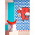 A "Coucke Vache Qui Rit" tea towel on display next to a red banana with yellow polka dots. In the center of the towel is an image of the red iconic "laughing cow," surrounded by white polka dots on a blue background.